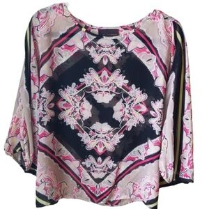 Dana Buchman Pink and Black Geometric Blouse, sheer, wing sleeve, L